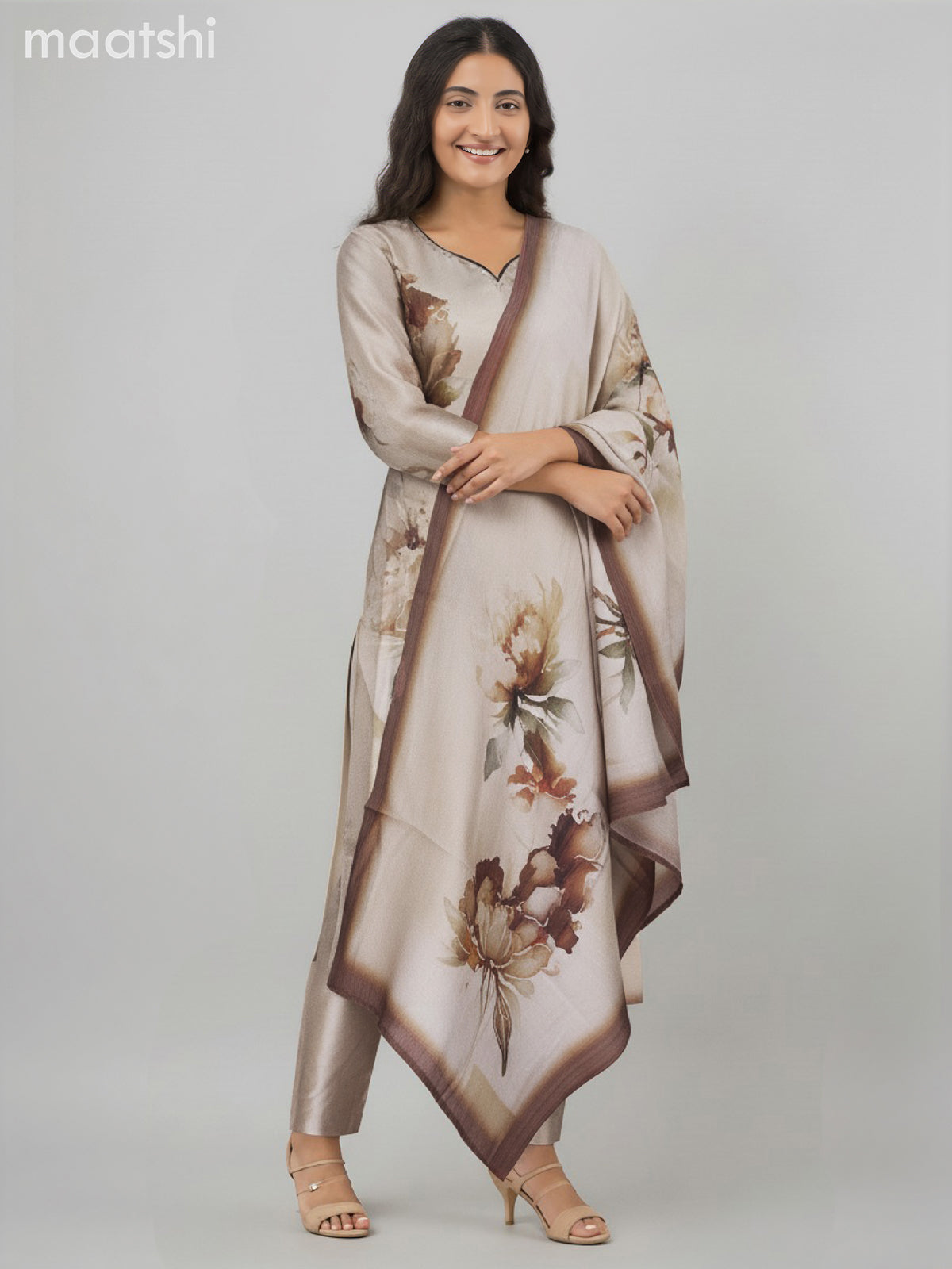 Chanderi salwar suit beige with allover prints & beaded sequin work neck pattern and straight cut pant & dupatta