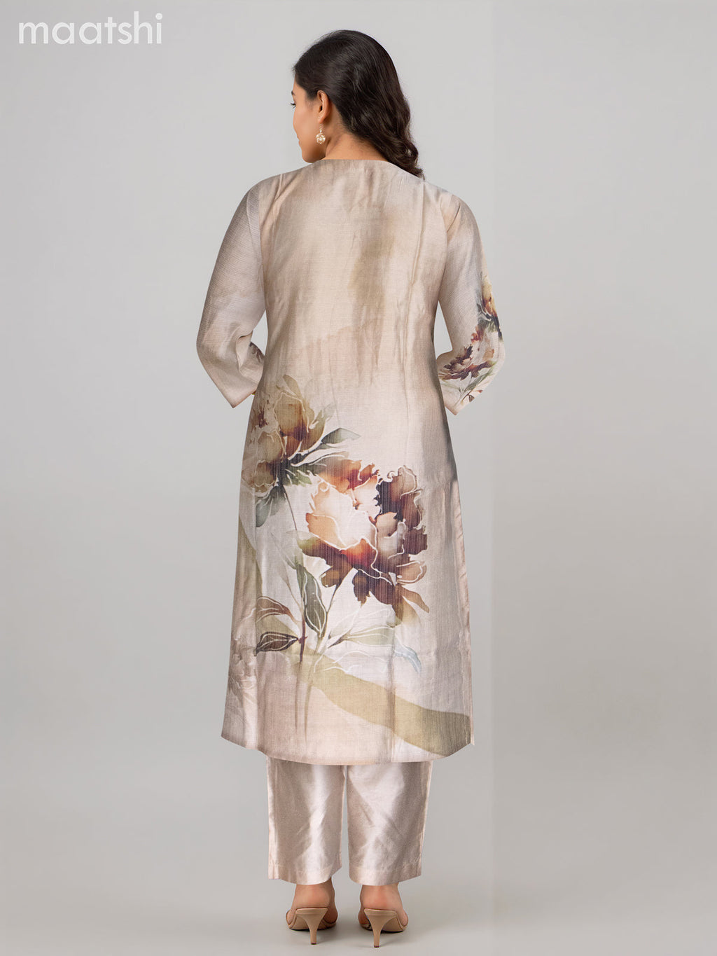 Chanderi salwar suit beige with allover prints & beaded sequin work neck pattern and straight cut pant & dupatta