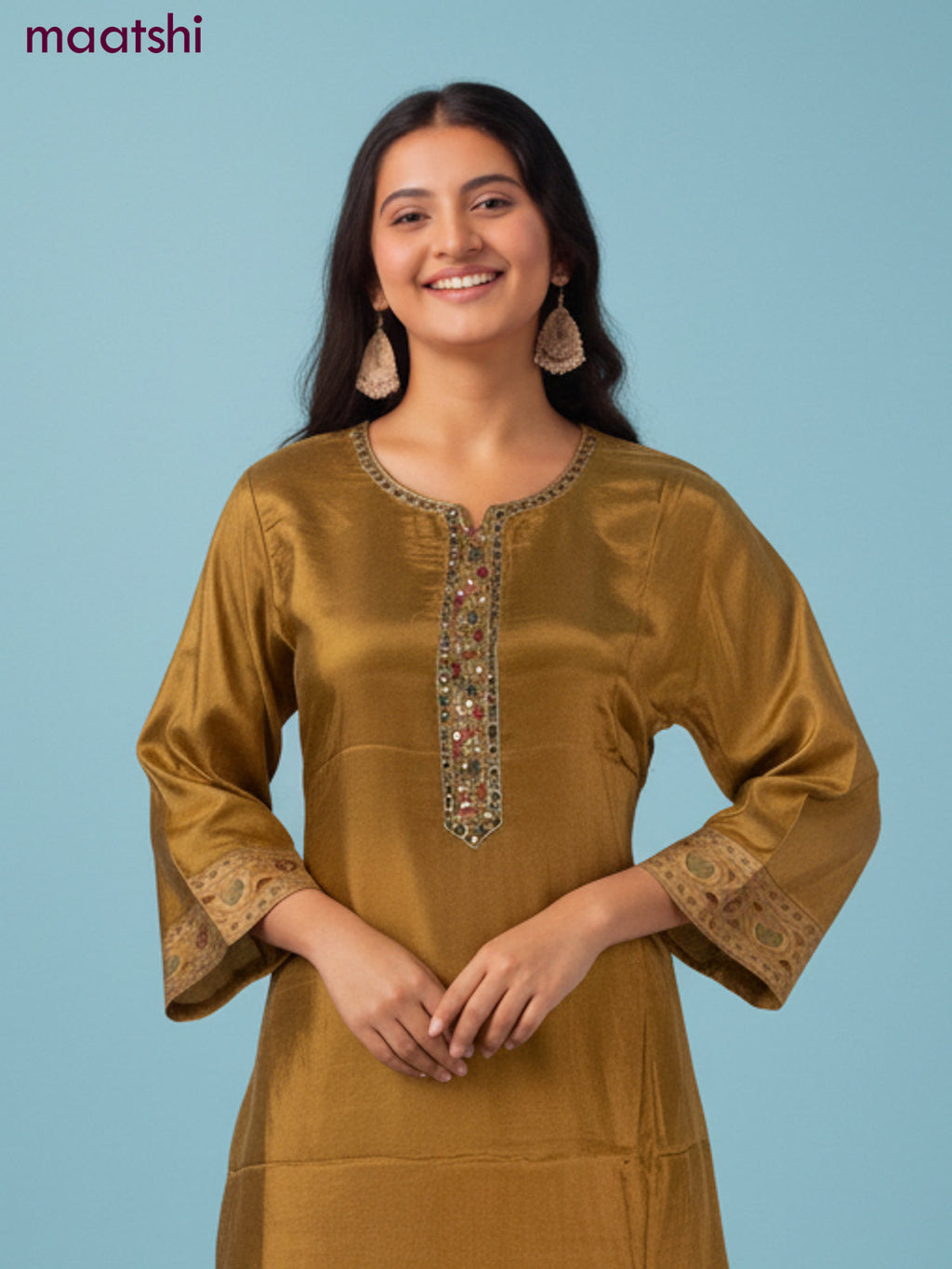 Crepe salwar suit mustard yellow with beaded & sequin work neck pattern and straight cut pant & dupatta