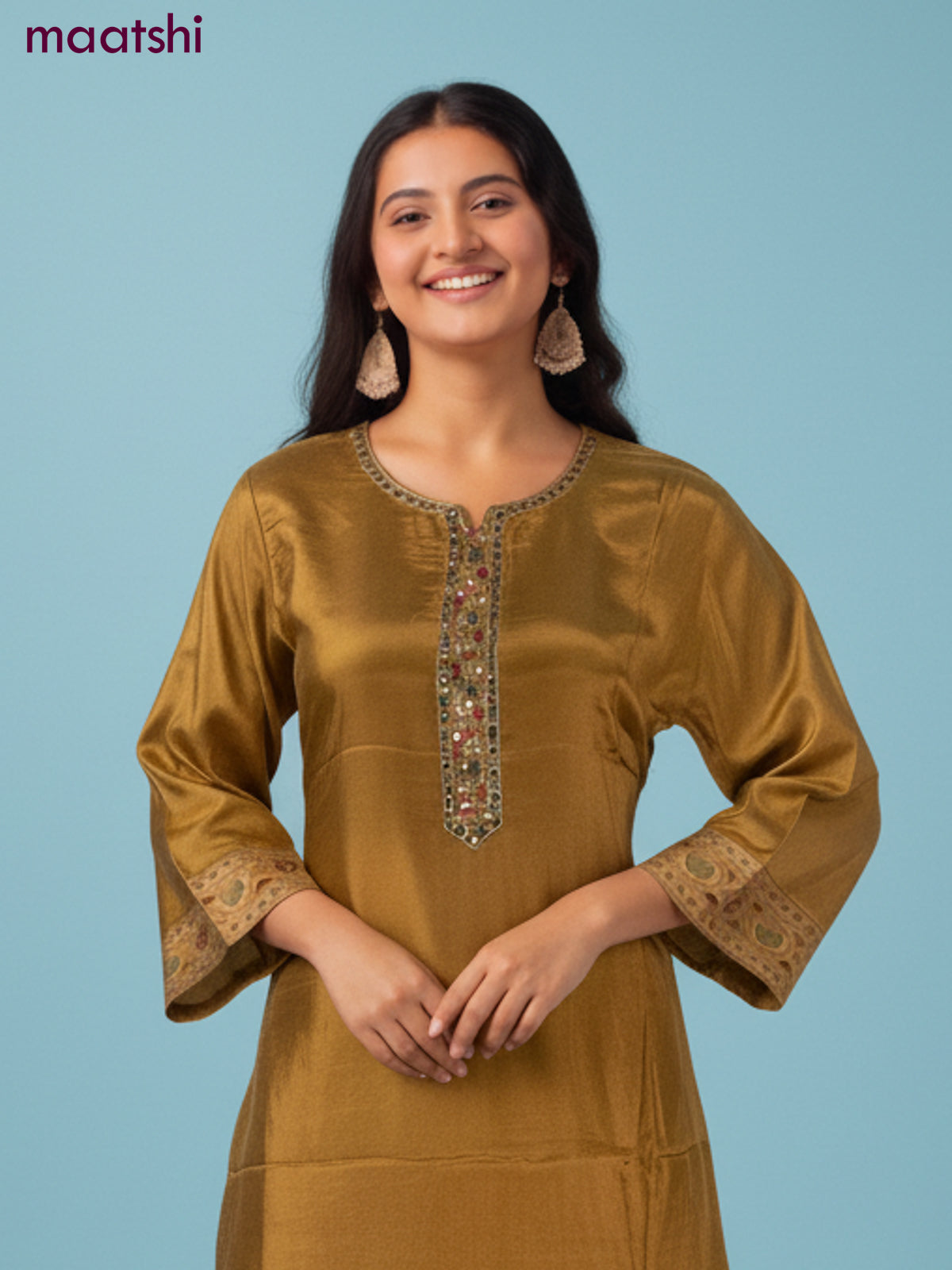 Crepe salwar suit mustard yellow with beaded & sequin work neck pattern and straight cut pant & dupatta