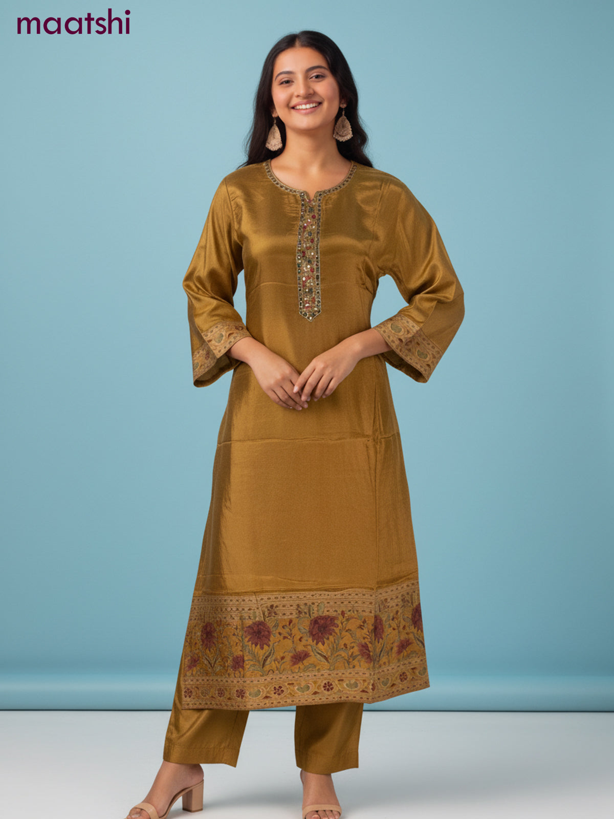 Crepe salwar suit mustard yellow with beaded & sequin work neck pattern and straight cut pant & dupatta