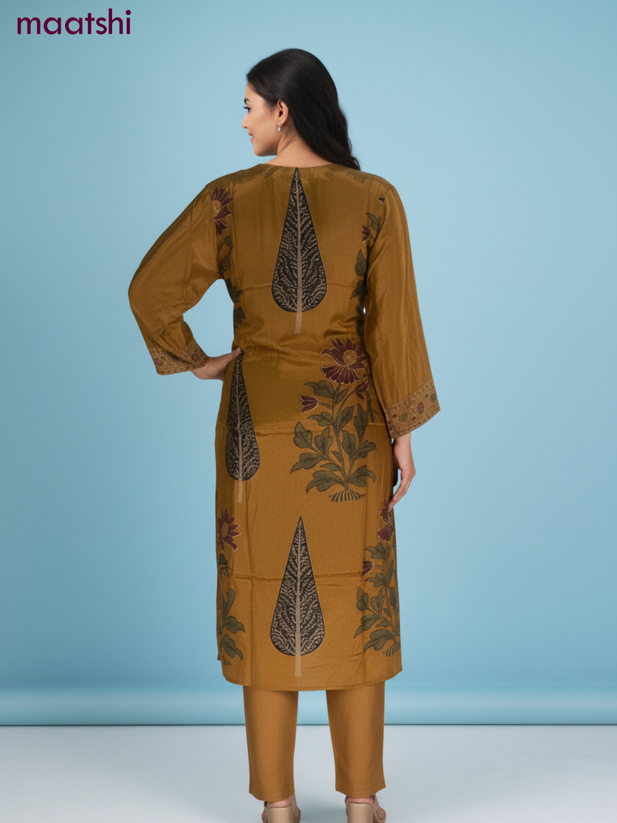 Crepe salwar suit mustard yellow with beaded & sequin work neck pattern and straight cut pant & dupatta