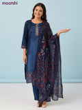Crepe salwar suit blue with beaded & sequin work neck pattern and straight cut pant & dupatta