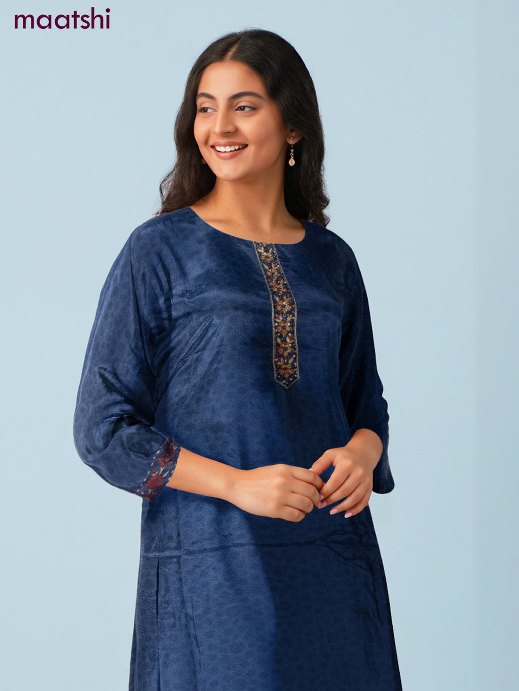 Crepe salwar suit blue with beaded & sequin work neck pattern and straight cut pant & dupatta