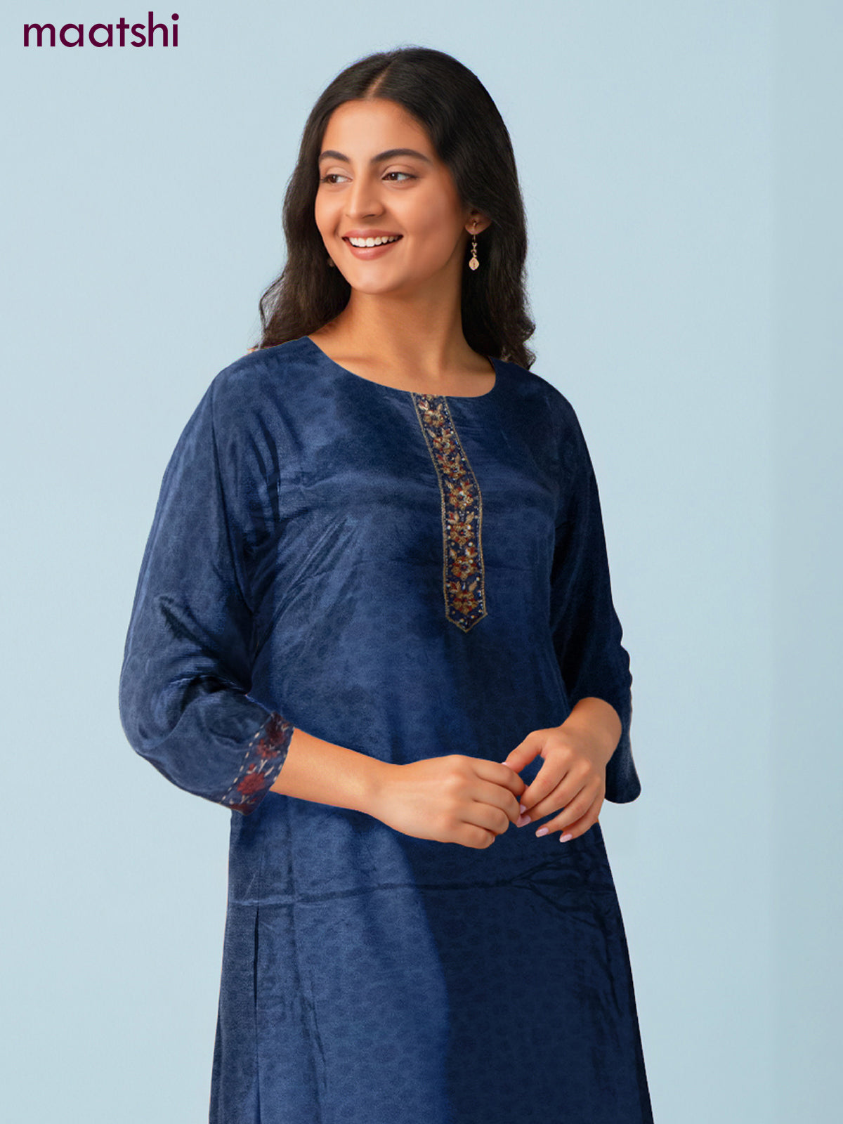 Crepe salwar suit blue with beaded & sequin work neck pattern and straight cut pant & dupatta