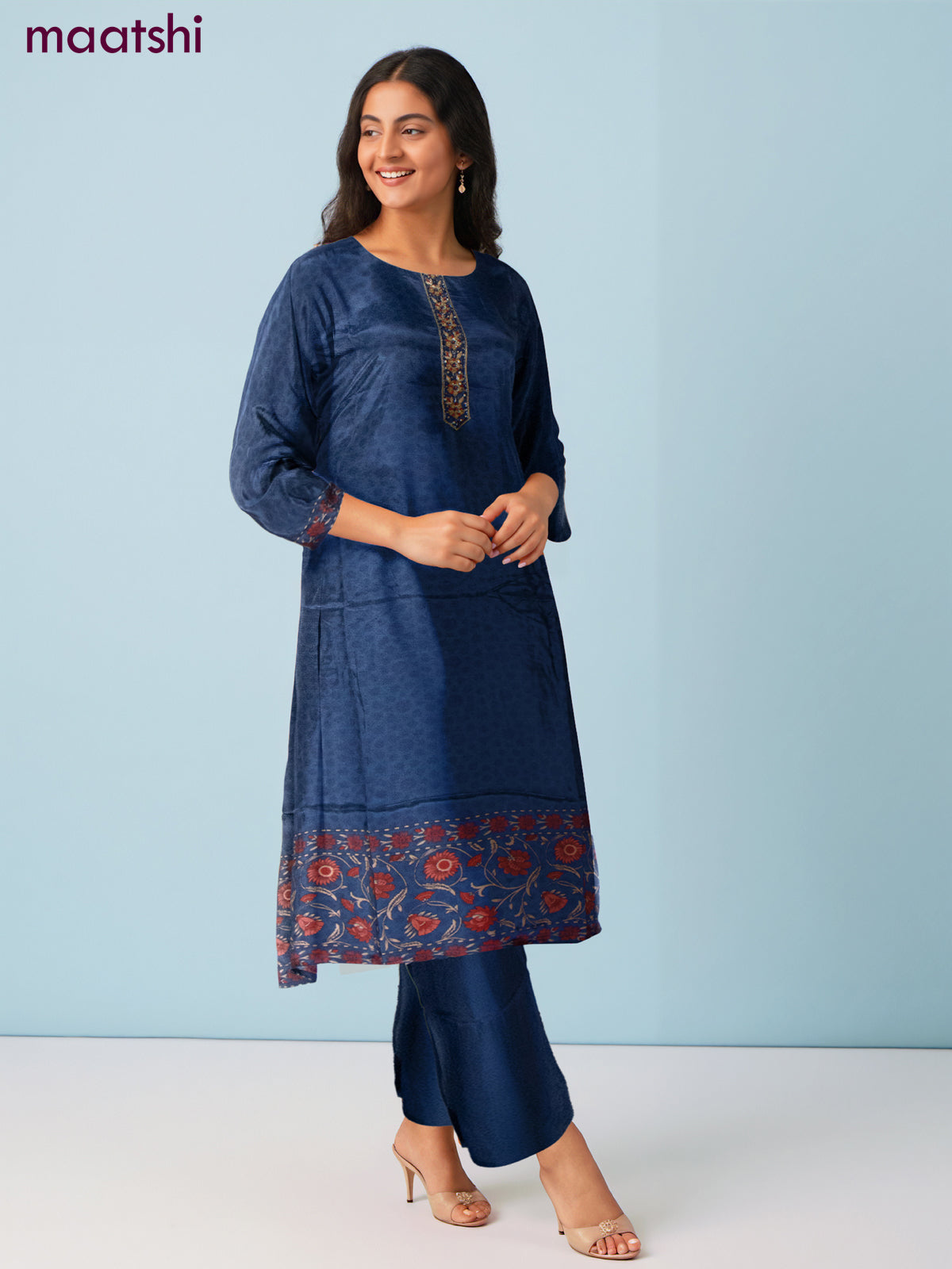 Crepe salwar suit blue with beaded & sequin work neck pattern and straight cut pant & dupatta