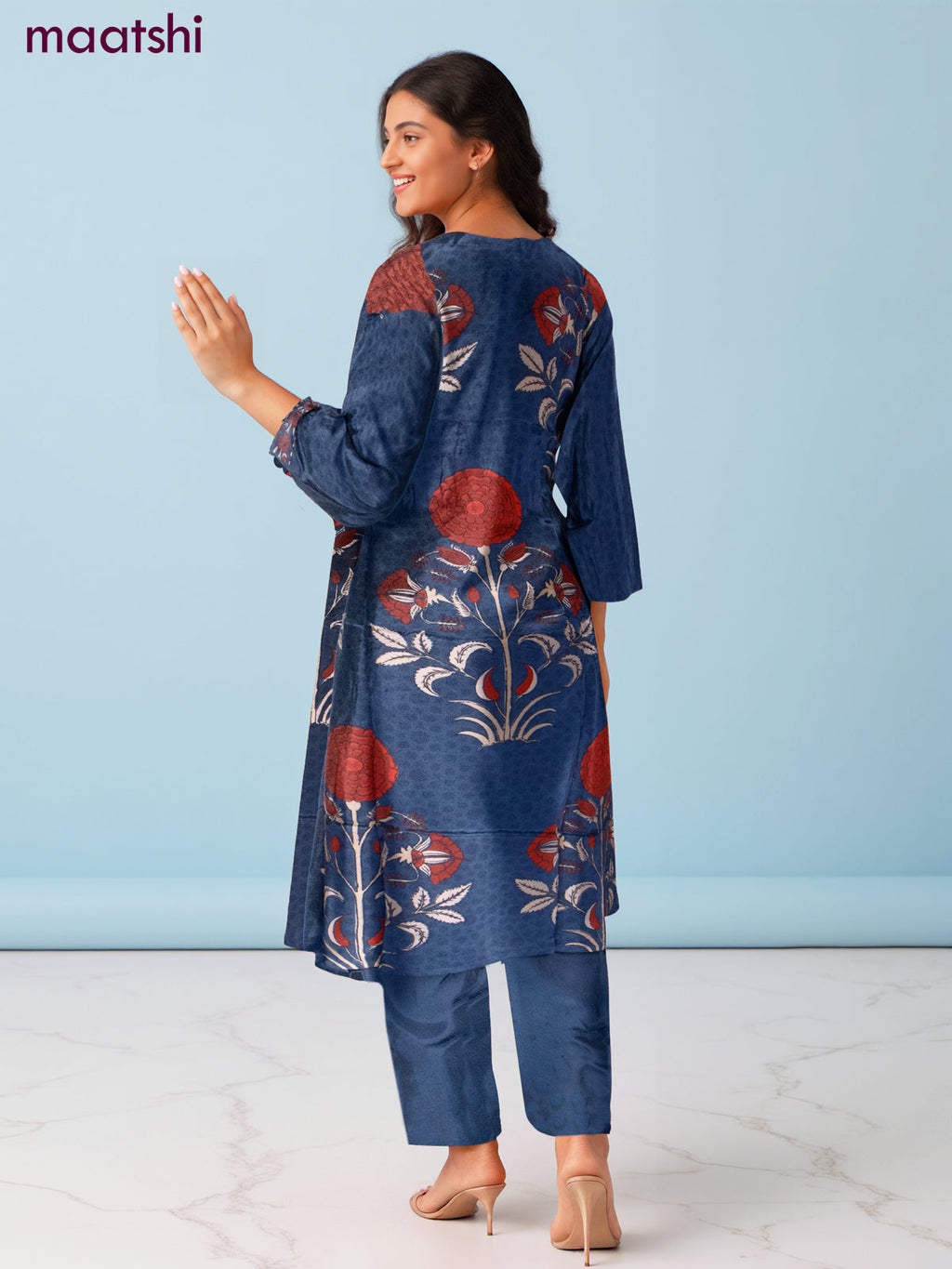 Crepe salwar suit blue with beaded & sequin work neck pattern and straight cut pant & dupatta