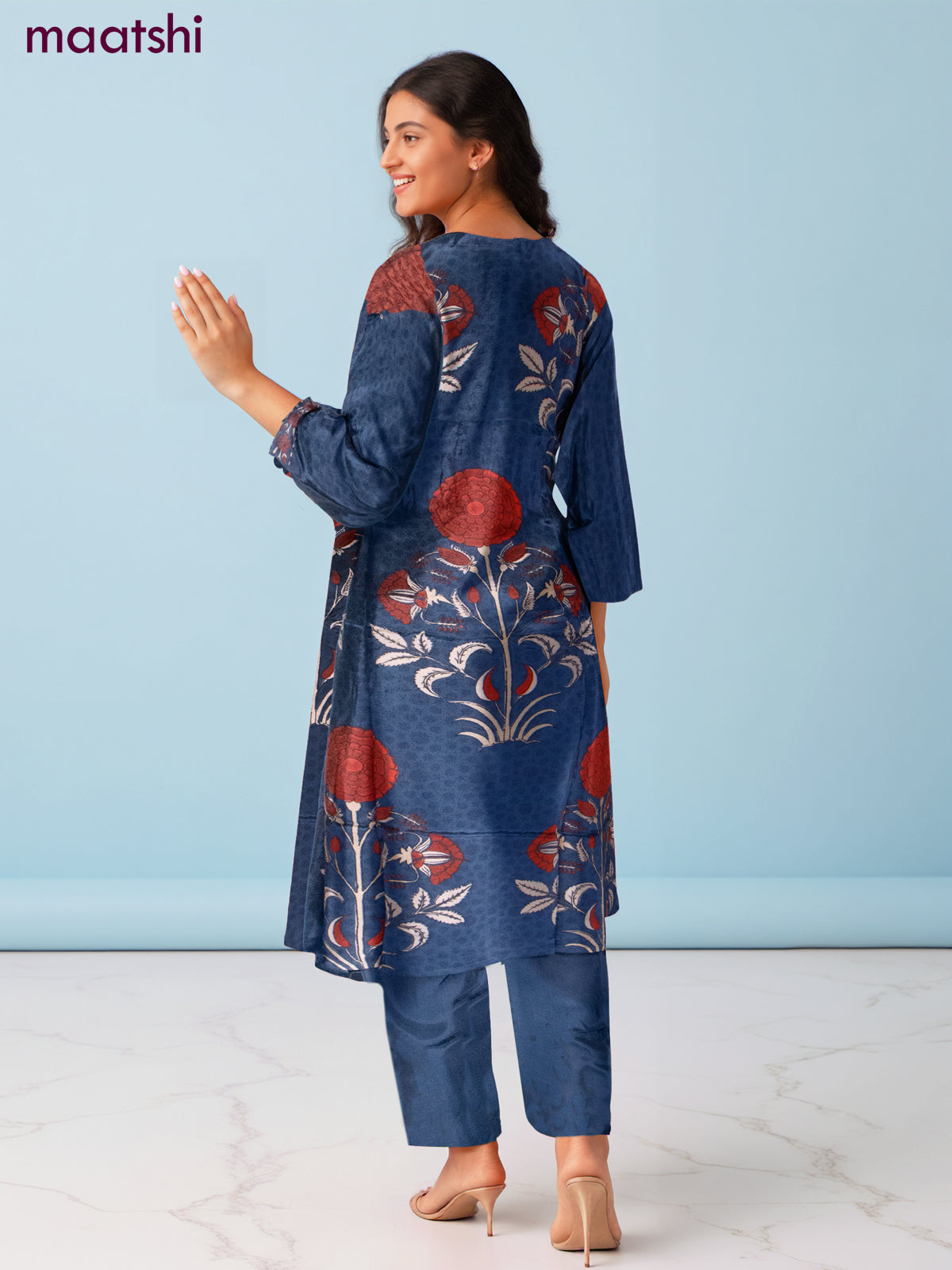 Crepe salwar suit blue with beaded & sequin work neck pattern and straight cut pant & dupatta