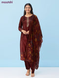 Crepe salwar suit maroon with beaded & sequin work neck pattern and straight cut pant & dupatta