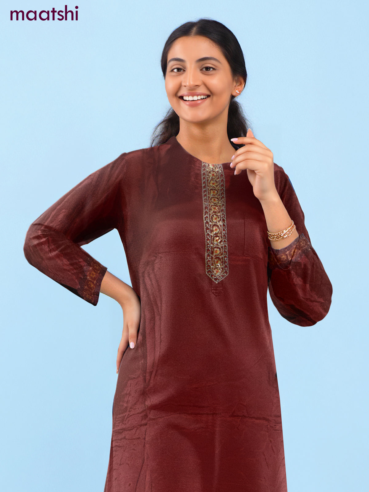 Crepe salwar suit maroon with beaded & sequin work neck pattern and straight cut pant & dupatta