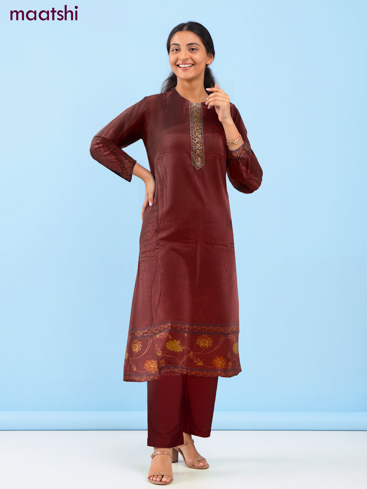 Crepe salwar suit maroon with beaded & sequin work neck pattern and straight cut pant & dupatta