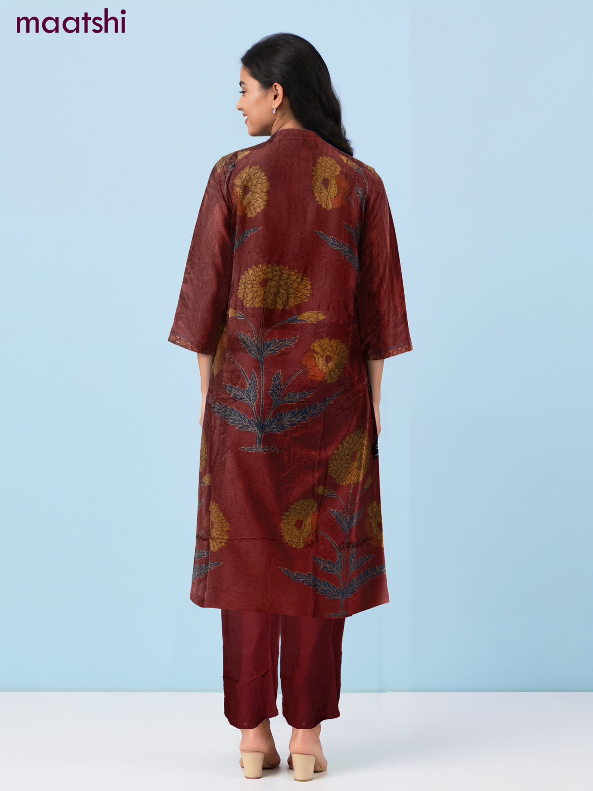 Crepe salwar suit maroon with beaded & sequin work neck pattern and straight cut pant & dupatta