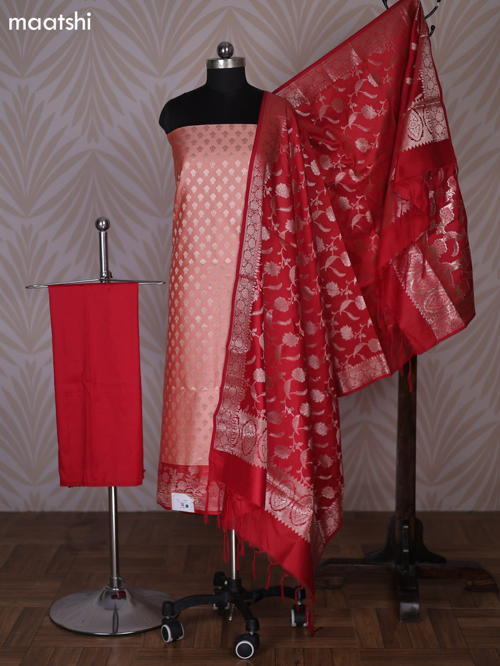 Peach Orange and Red Banarasi Silk Dress Material With Allover Zari Buttas
