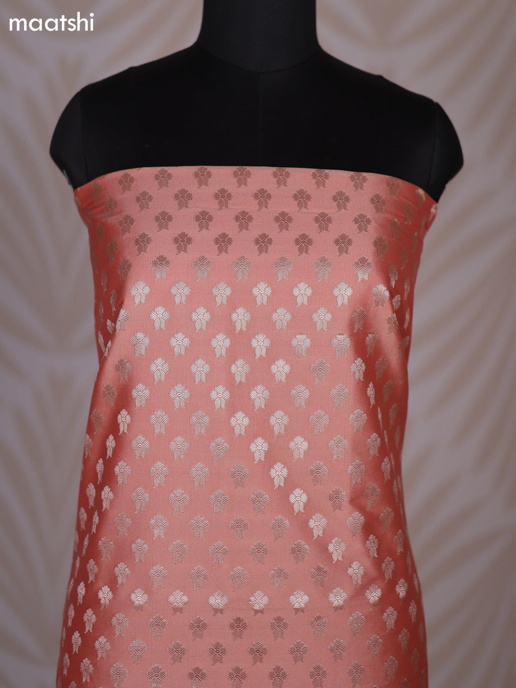 Peach Orange and Red Banarasi Silk Dress Material With Allover Zari Buttas