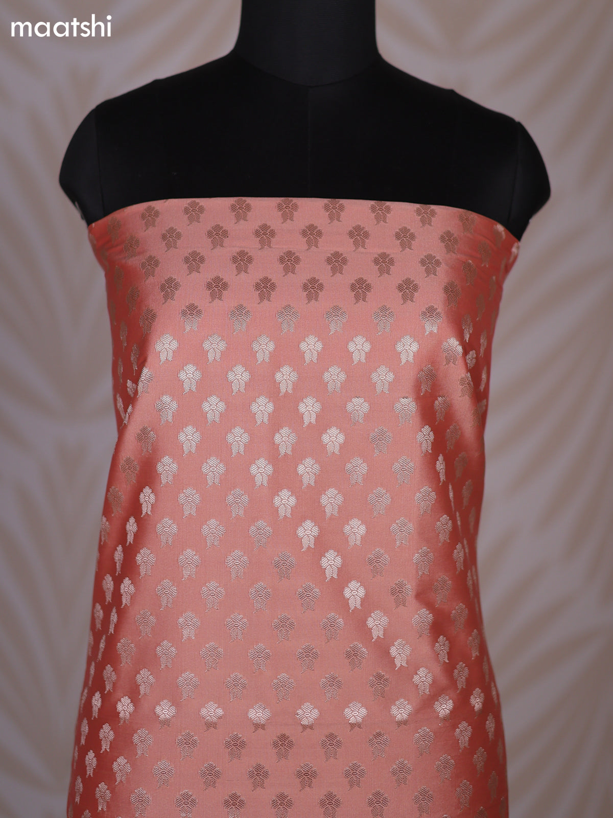 Peach Orange and Red Banarasi Silk Dress Material With Allover Zari Buttas