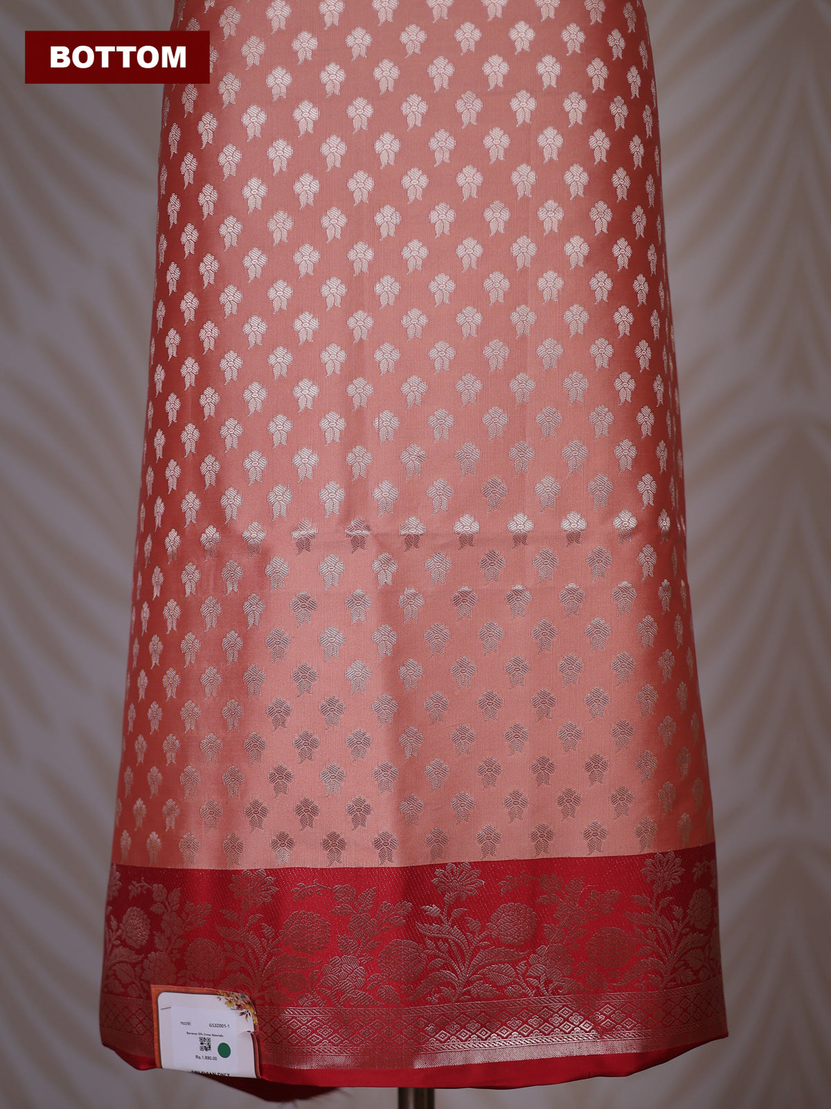Peach Orange and Red Banarasi Silk Dress Material With Allover Zari Buttas