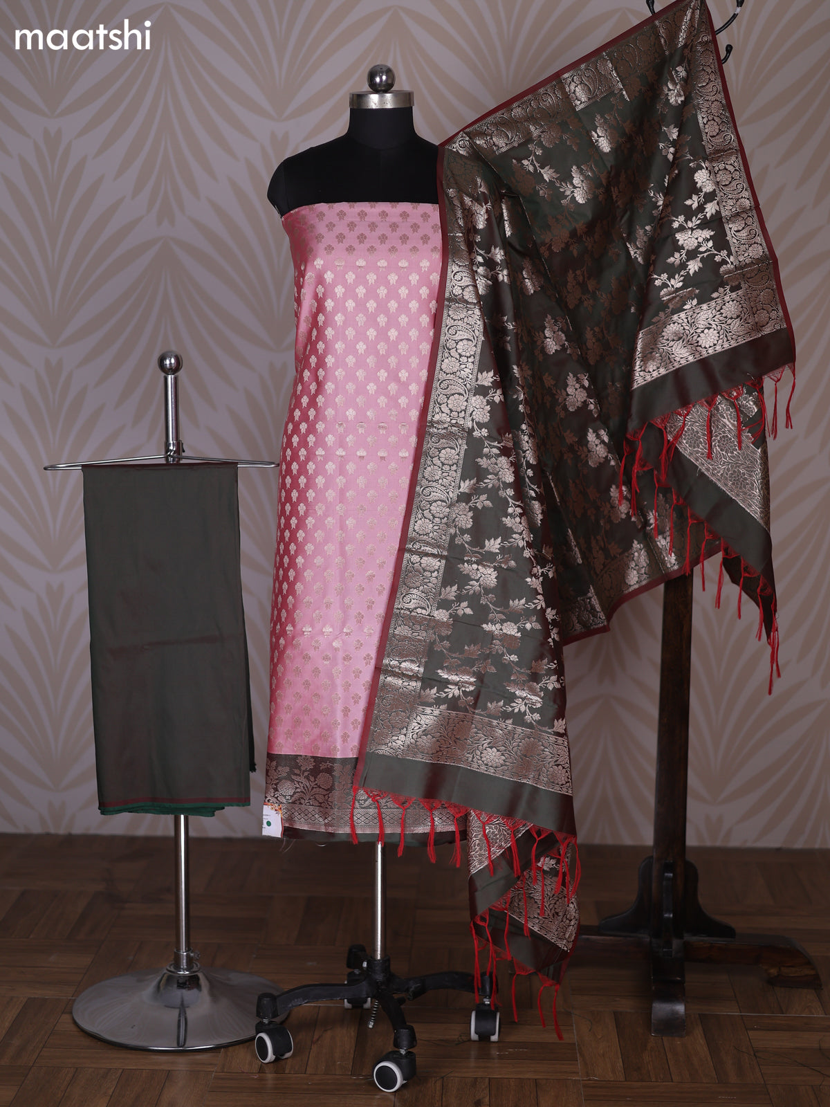 Baby Pink and Sap Green Banarasi Silk Dress Material With Allover Zari Buttas