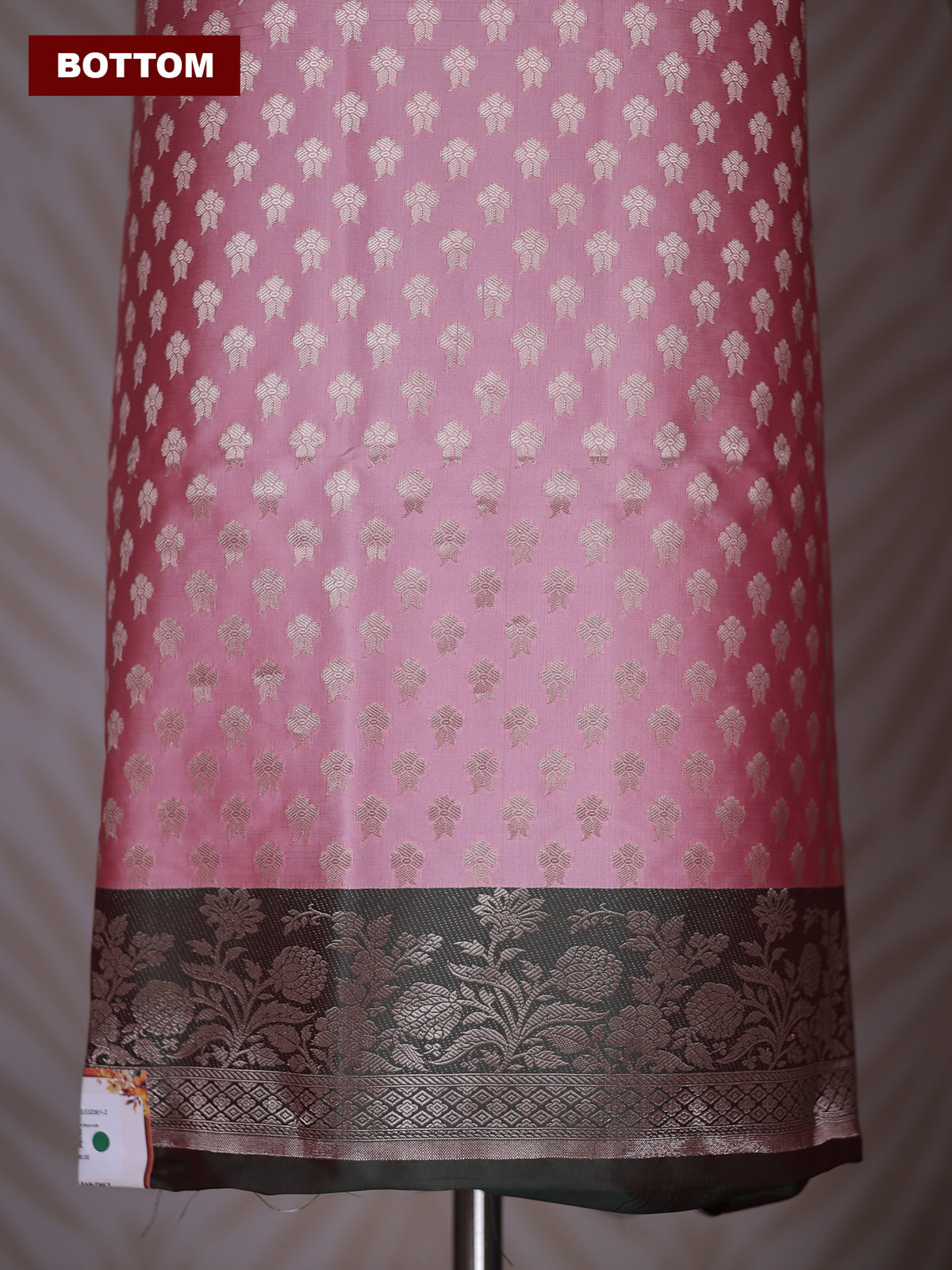 Baby Pink and Sap Green Banarasi Silk Dress Material With Allover Zari Buttas