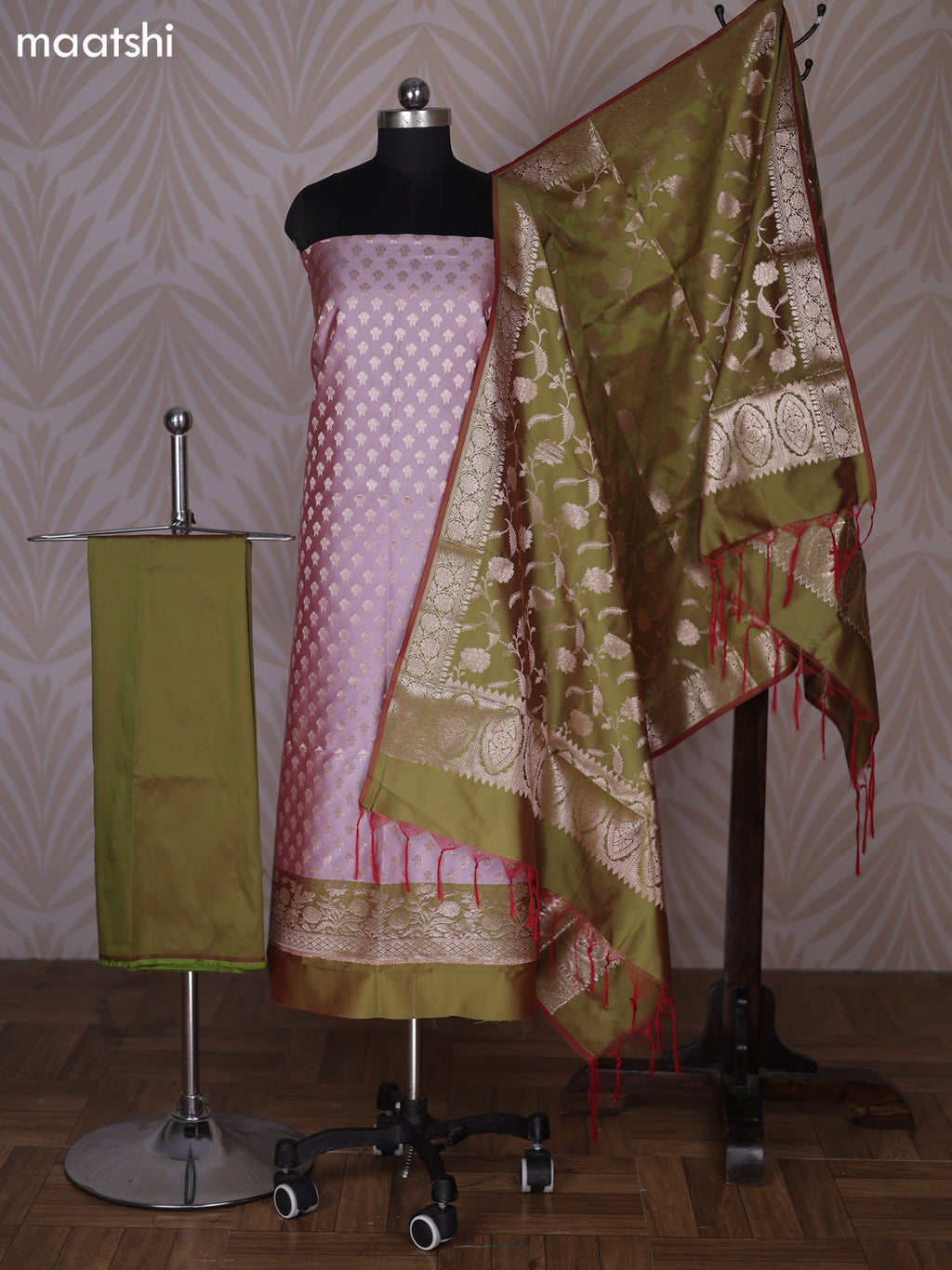 Dual Shade Of Pink and Dual Shade Of Green Banarasi Silk Dress Material With Allover Zari Buttas