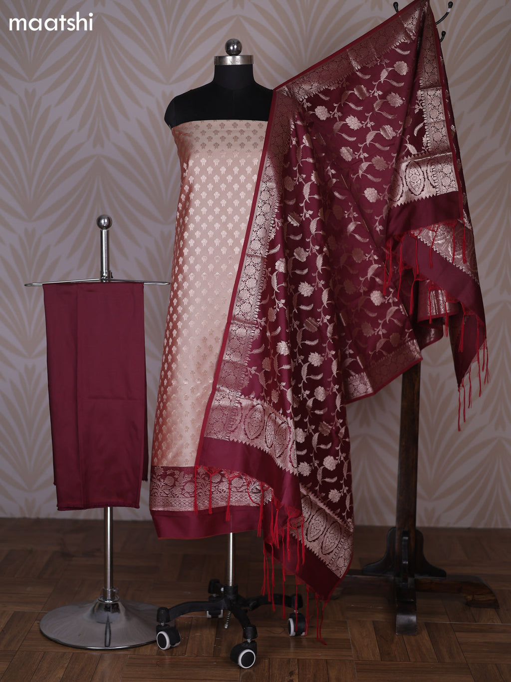 Dual Shade Of Sandal and Maroon Banarasi Silk Dress Material With Allover Zari Buttas