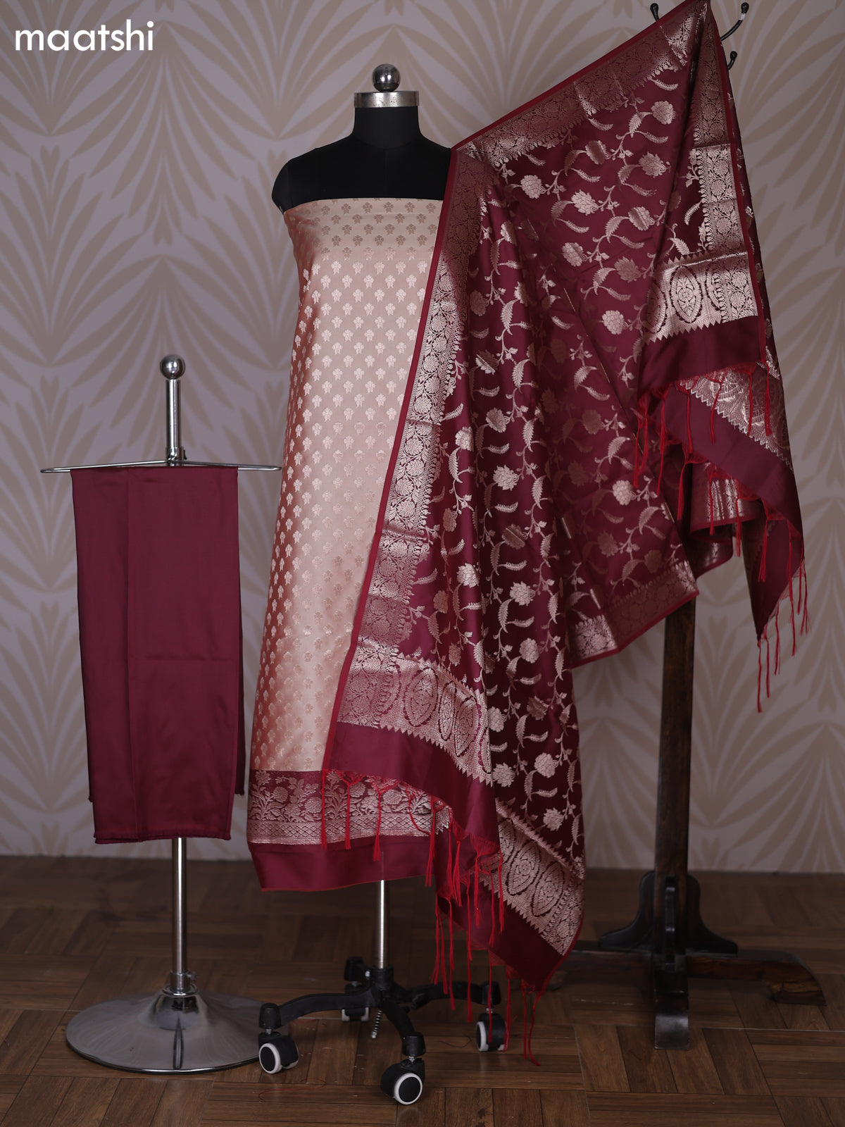 Dual Shade Of Sandal and Maroon Banarasi Silk Dress Material With Allover Zari Buttas