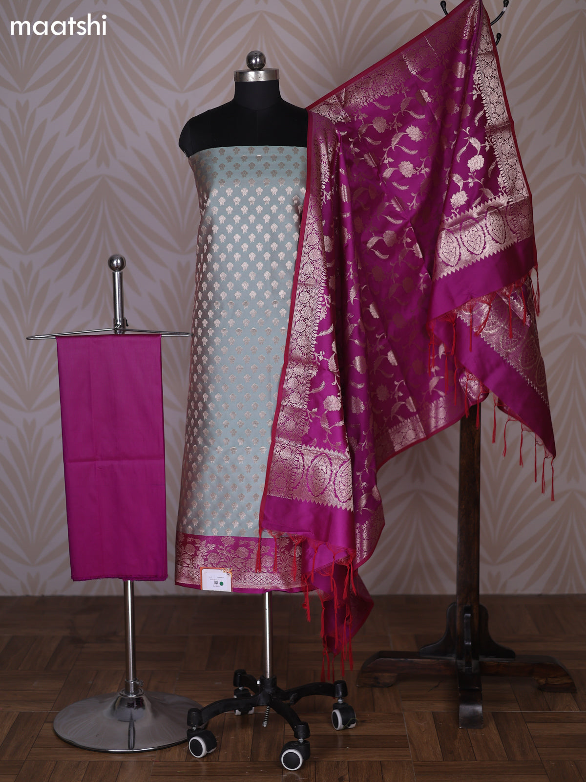 Dual Shade Of Grey and Magenta Pink Banarasi Silk Dress Material With Allover Zari Buttas