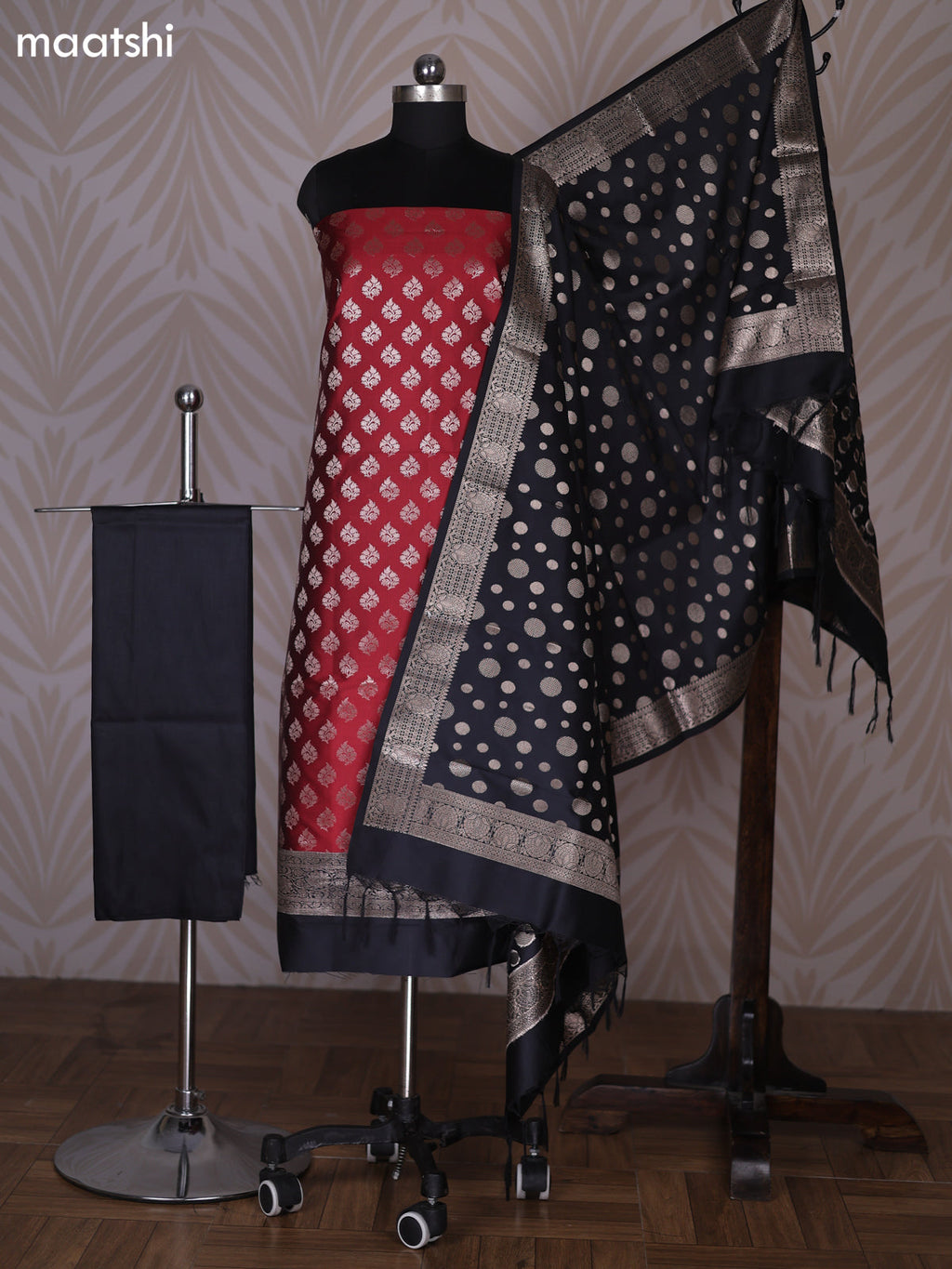 Maroon and Black Banarasi Silk Dress Material With Allover Zari Buttas