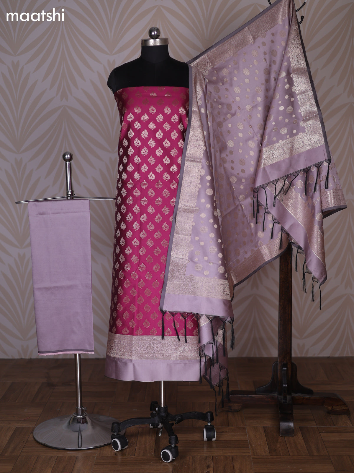 Magenta Pink and Pastel Purple Banarasi Silk Dress Material With Allover Zari Buttas