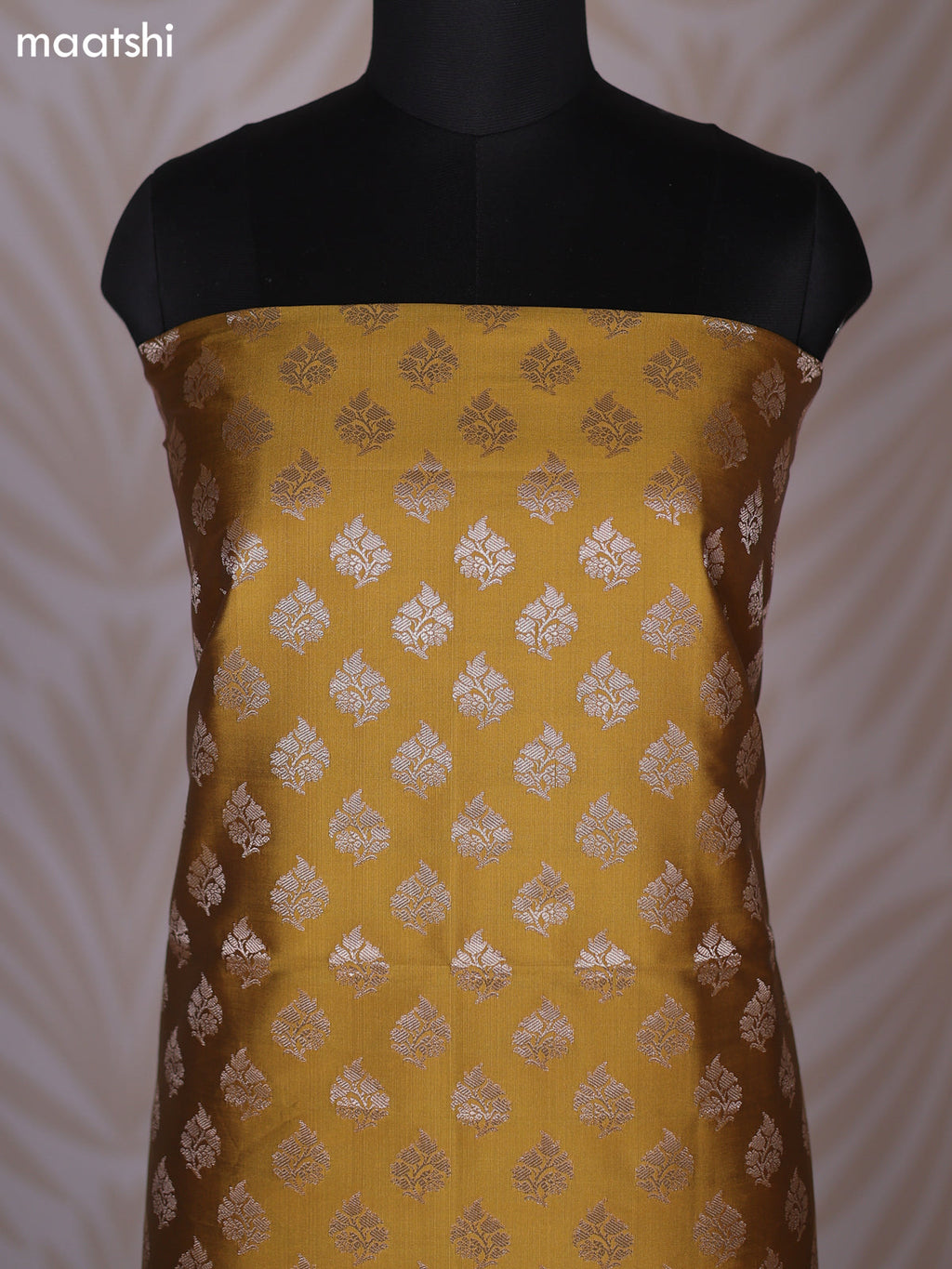 Mustrad Yellow and Maroon Banarasi Silk Dress Material With Allover Zari Buttas