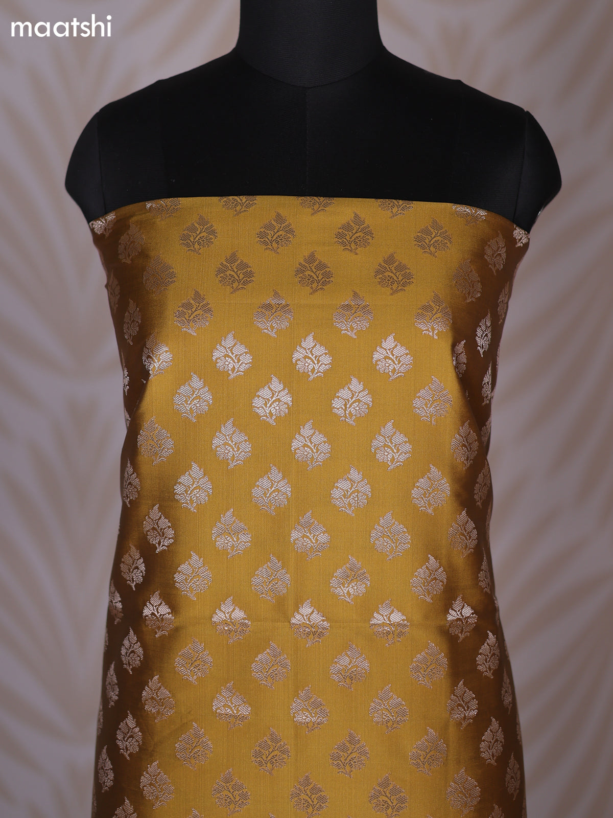 Mustrad Yellow and Maroon Banarasi Silk Dress Material With Allover Zari Buttas