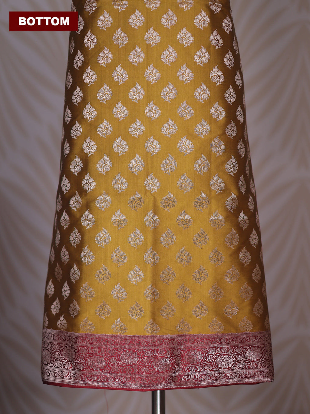 Mustrad Yellow and Maroon Banarasi Silk Dress Material With Allover Zari Buttas