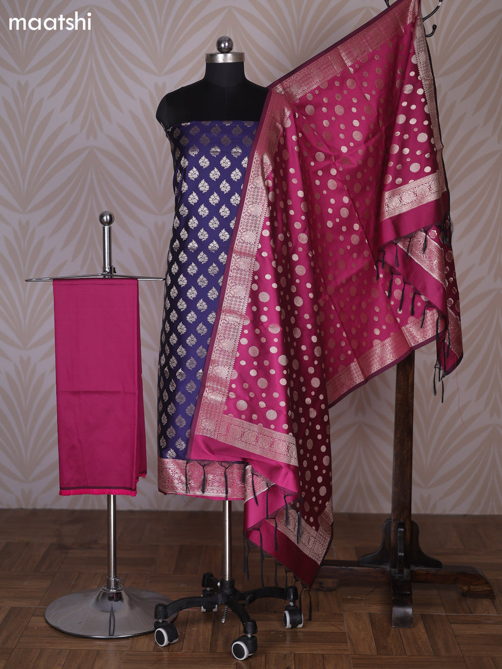 Navy Blue and Magenta Pink Banarasi Silk Dress Material With Allover Zari Buttas