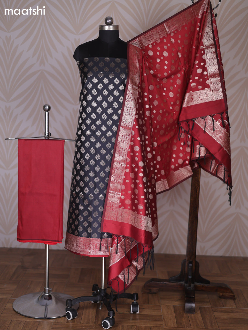 Black and Maroon Banarasi Silk Dress Material With Allover Zari Buttas
