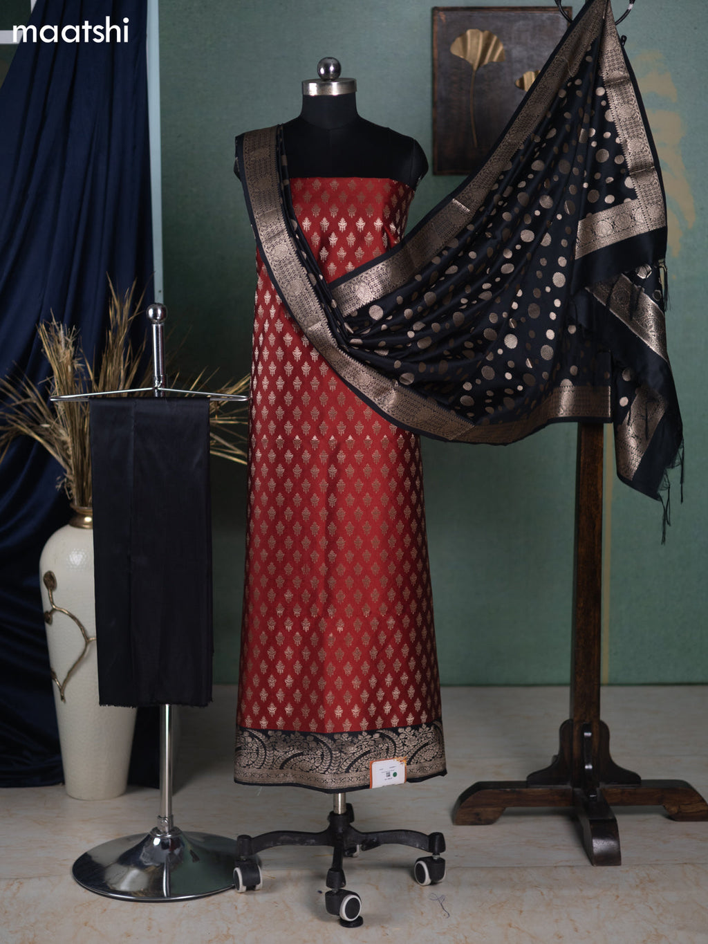 Maroon and Black Banarasi Silk Dress Material With Allover Zari Buttas