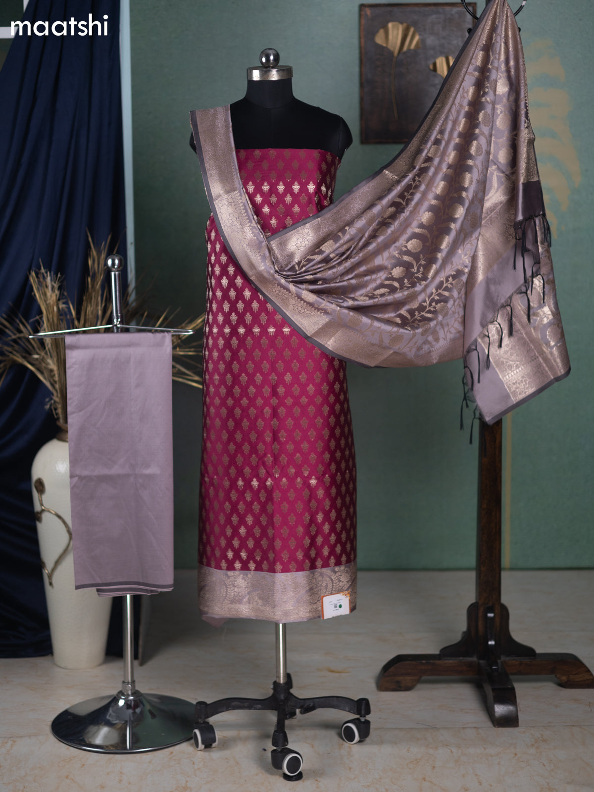 Magenta Pink and Pastel Purple Banarasi Silk Dress Material With Allover Zari Buttas