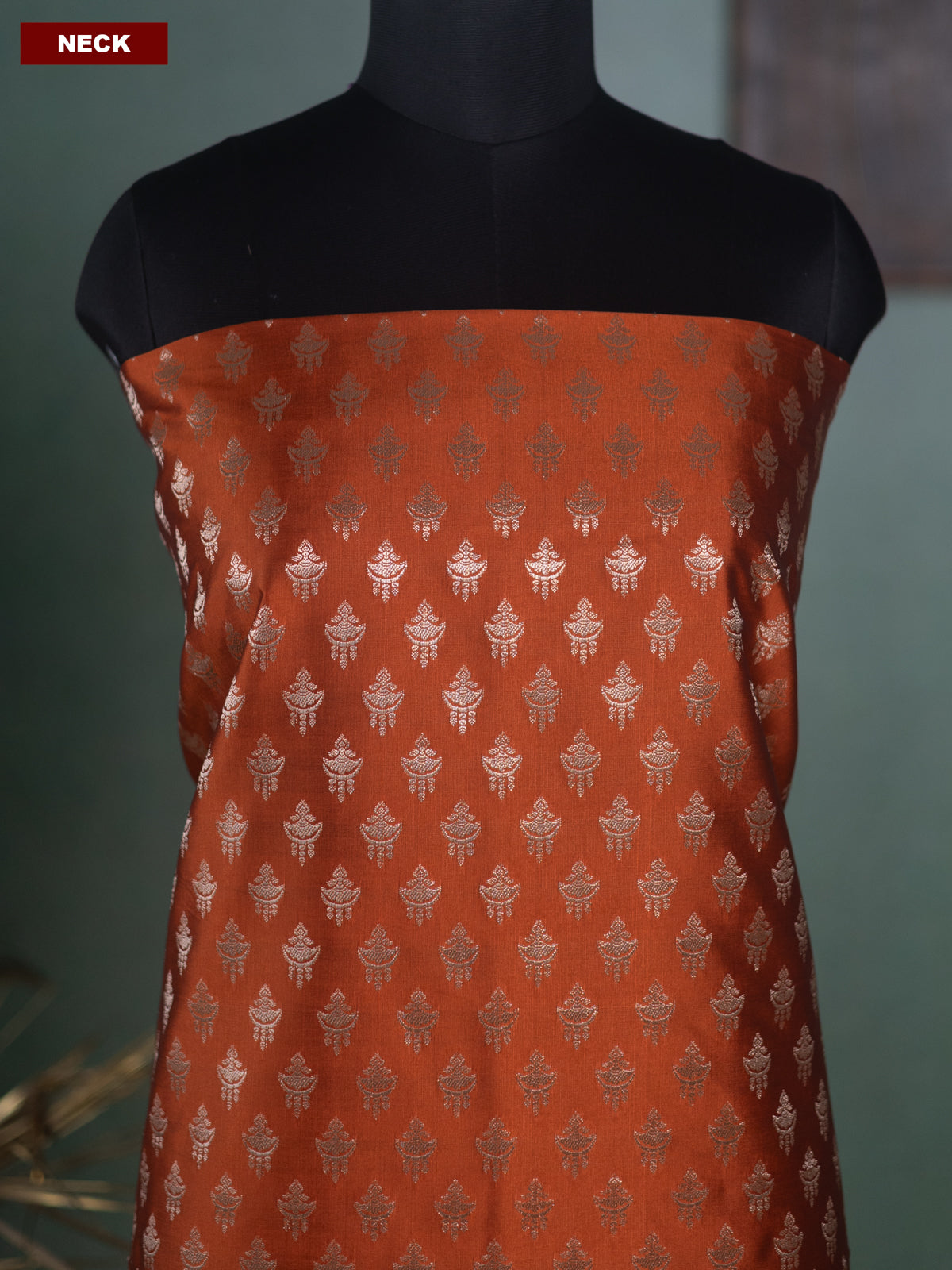 Rust Orange and Mustard Green Banarasi Silk Dress Material With Allover Zari Buttas