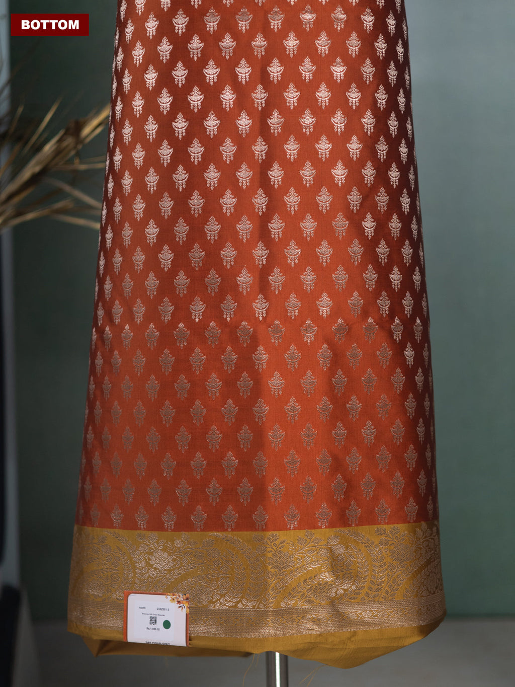 Rust Orange and Mustard Green Banarasi Silk Dress Material With Allover Zari Buttas
