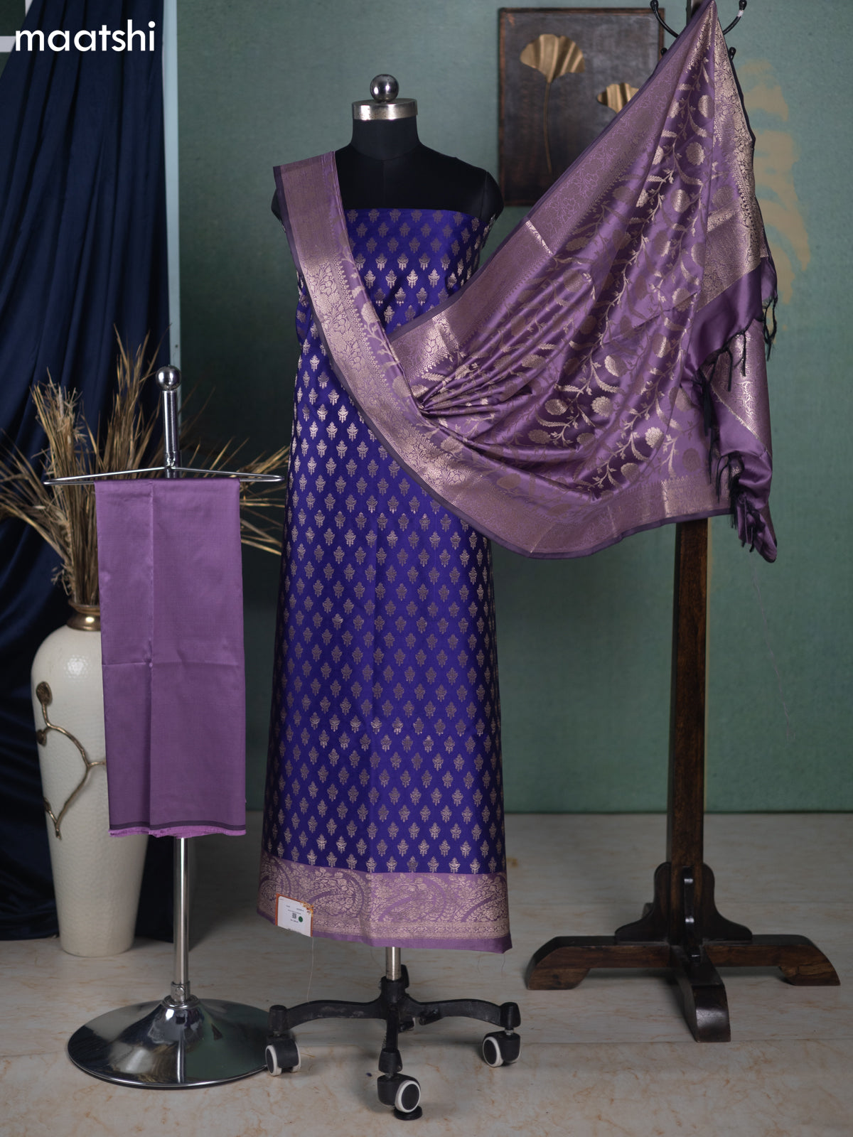 Violet and Dual Shade Of Purple Banarasi Silk Dress Material With Allover Zari Buttas