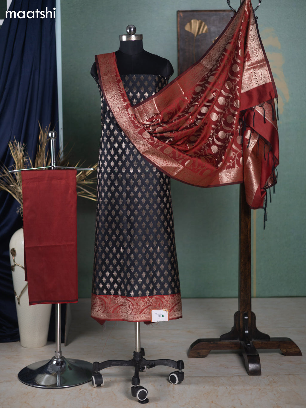 Black and Maroon Banarasi Silk Dress Material With Allover Zari Buttas