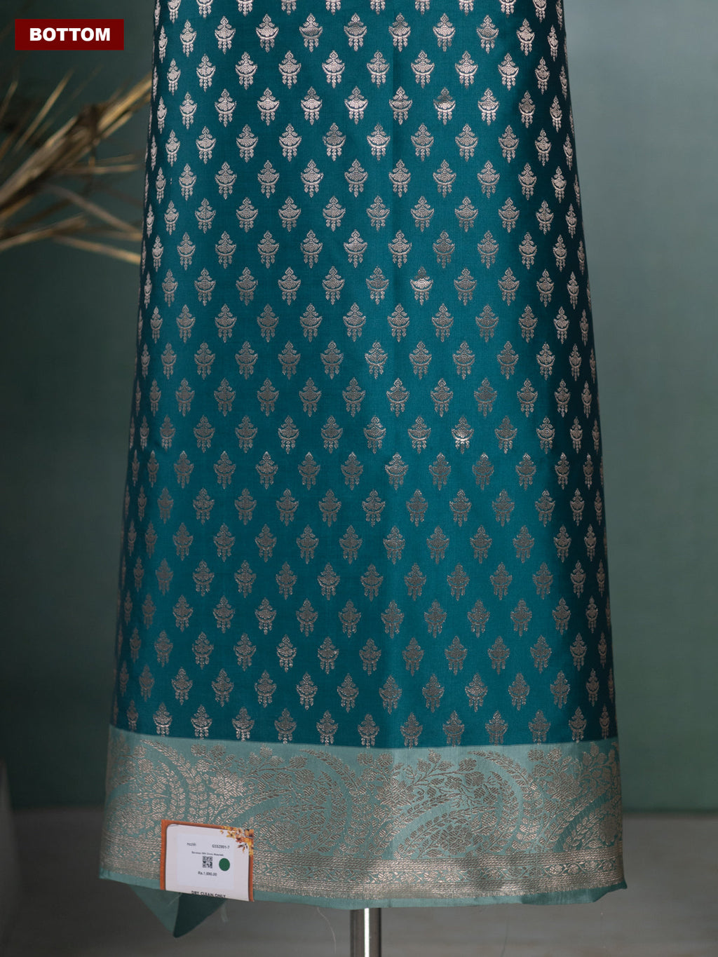 Peacock Green and Teal Green Banarasi Silk Dress Material With Allover Zari Buttas