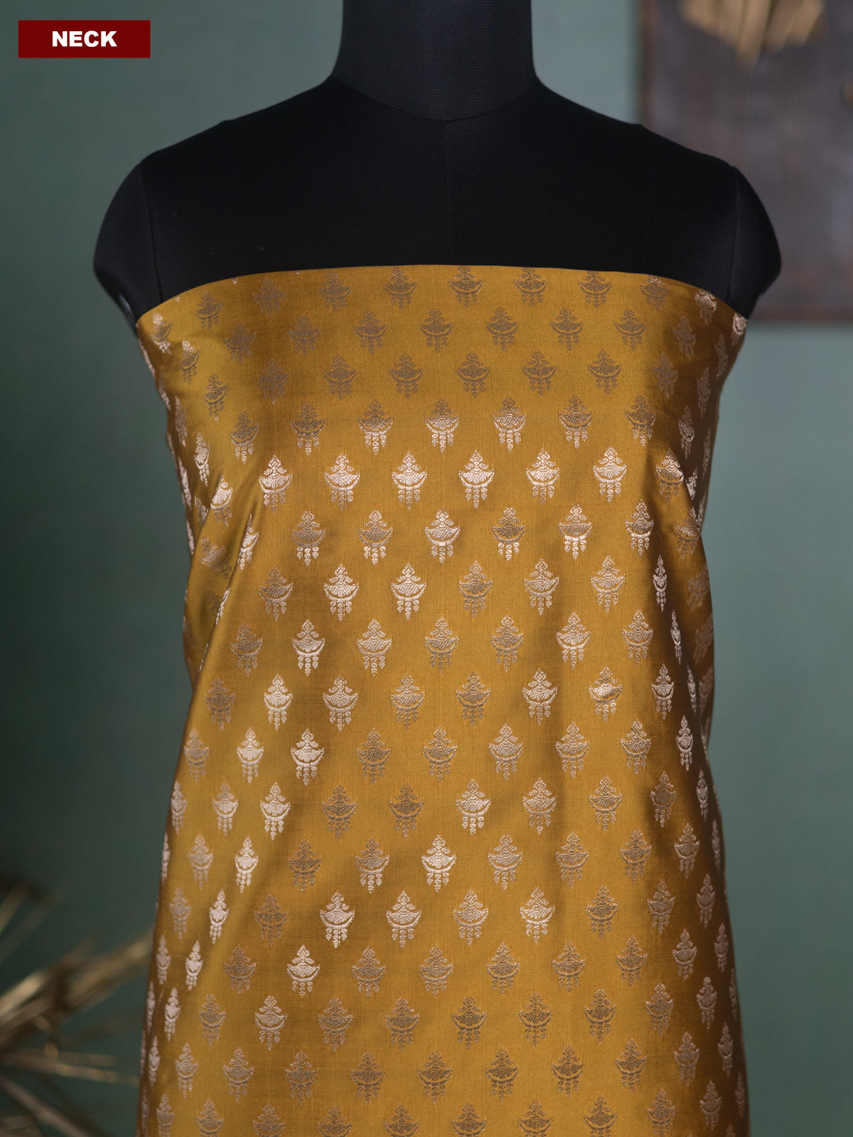 Mustard Yellow and Orange Banarasi Silk Dress Material With Allover Zari Buttas