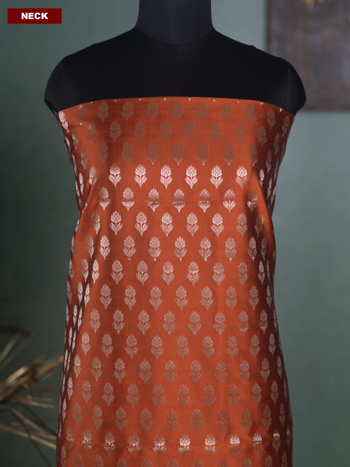 Rust Orange and Mustard Green Banarasi Silk Dress Material With Allover Zari Buttas