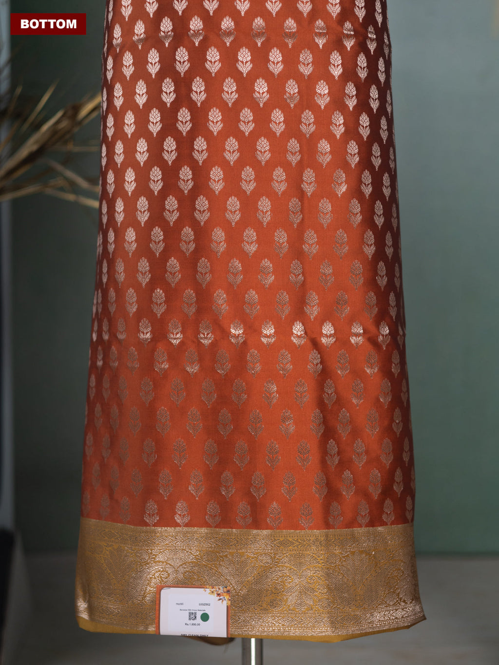 Rust Orange and Mustard Green Banarasi Silk Dress Material With Allover Zari Buttas