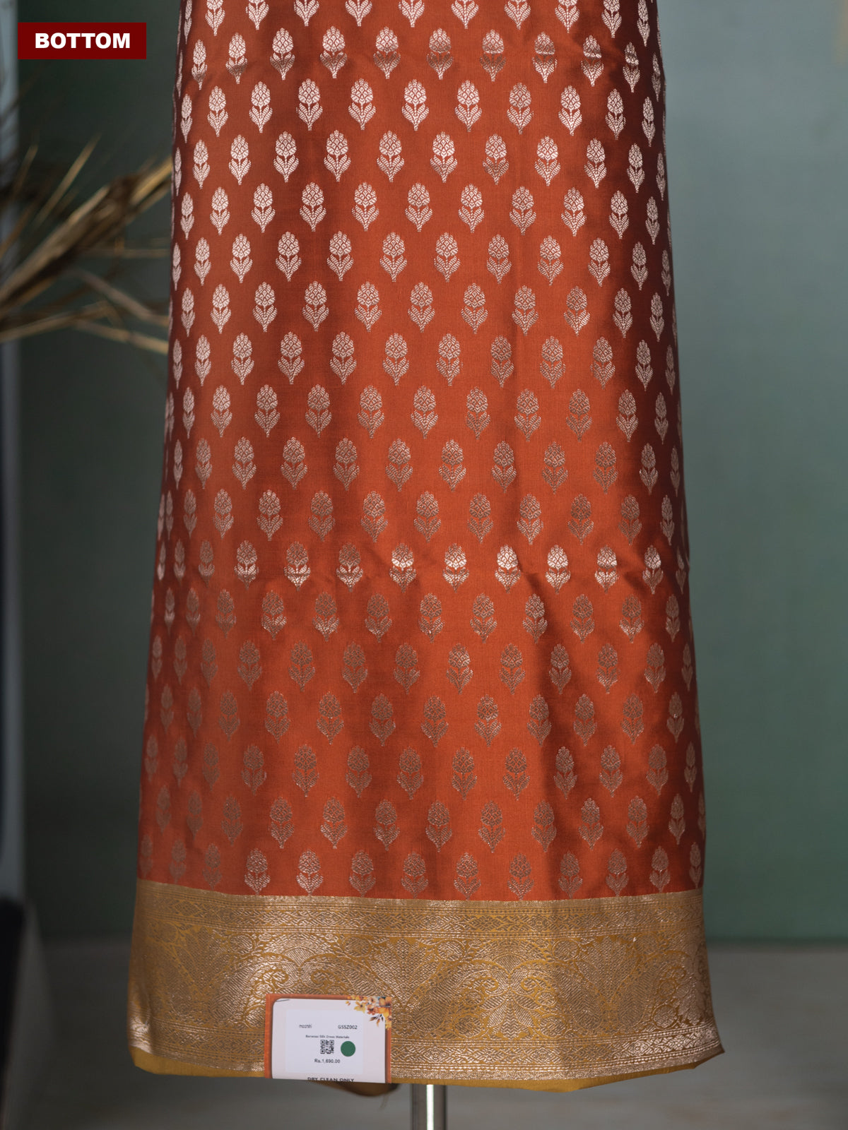 Rust Orange and Mustard Green Banarasi Silk Dress Material With Allover Zari Buttas