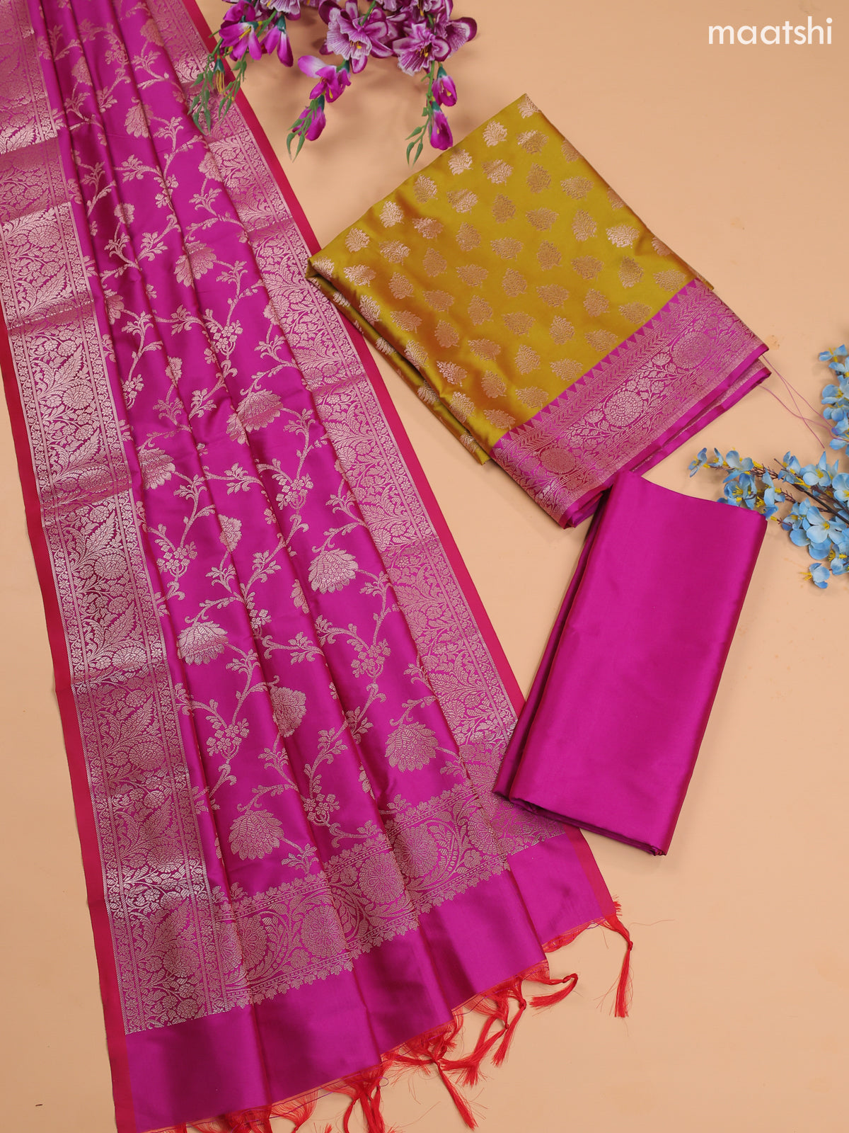 Mustard Green and Magenta Pink Banarasi Silk Dress Material With With Allover Zari Buttas