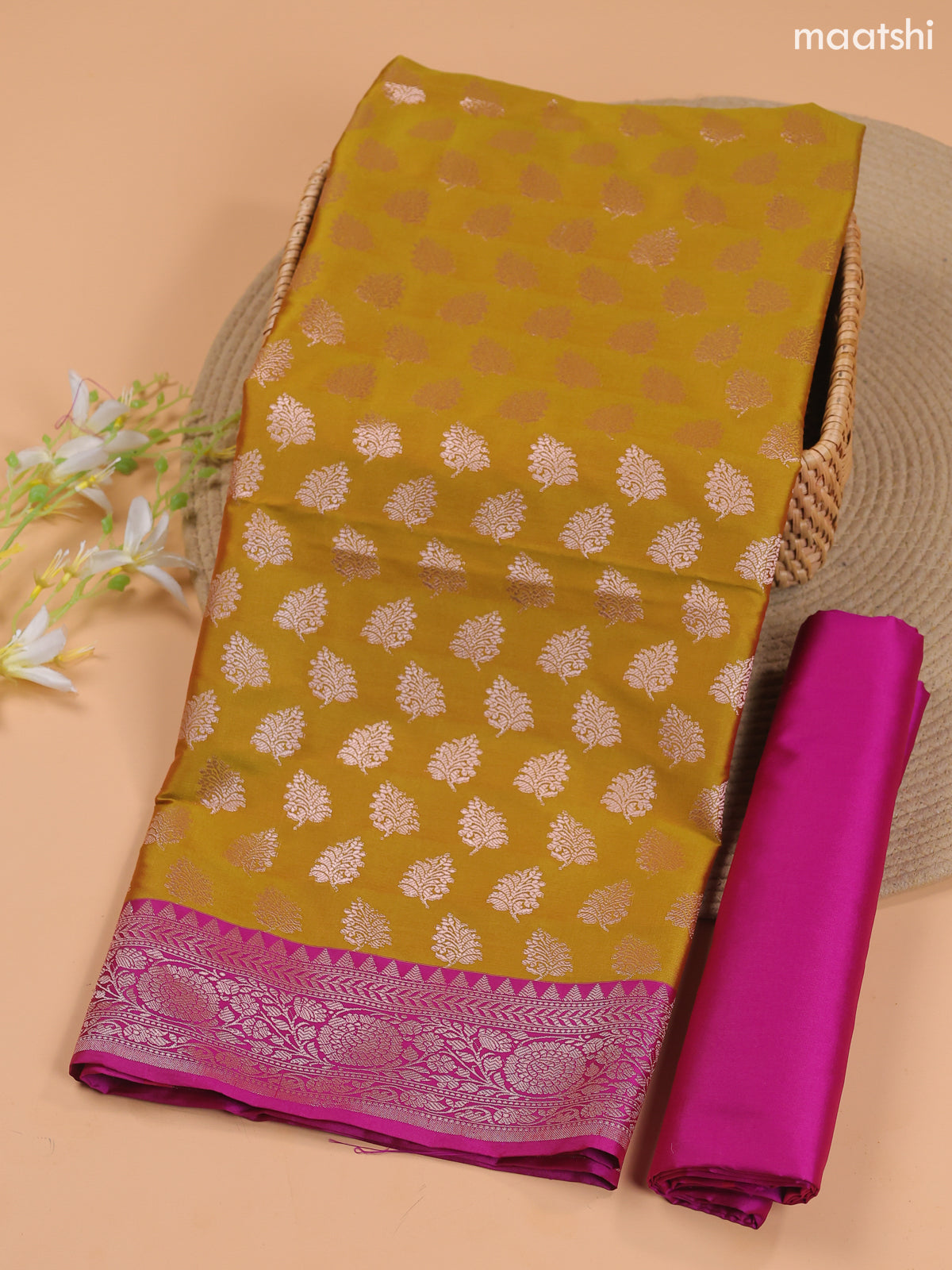 Mustard Green and Magenta Pink Banarasi Silk Dress Material With With Allover Zari Buttas
