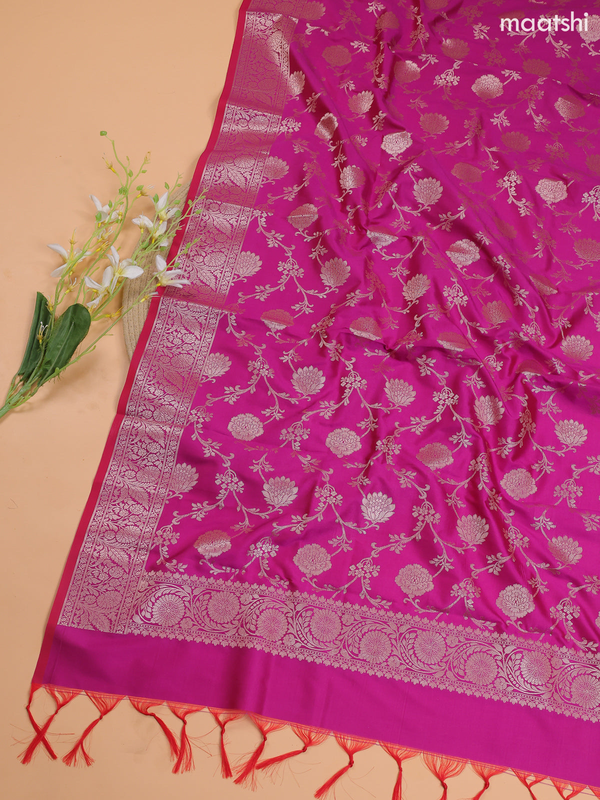Mustard Green and Magenta Pink Banarasi Silk Dress Material With With Allover Zari Buttas