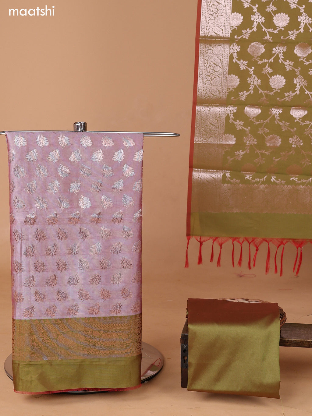 Dual Shade Of Lavender and Green Banarasi Silk Dress Material With With Allover Zari Buttas and Bottom & Dupatta