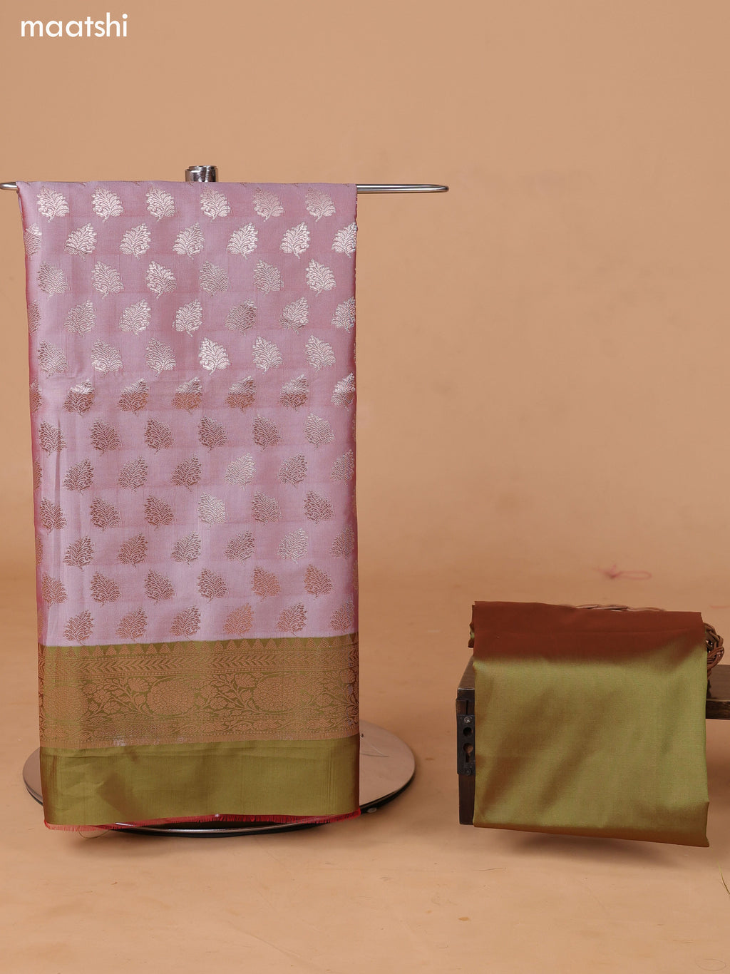 Dual Shade Of Lavender and Green Banarasi Silk Dress Material With With Allover Zari Buttas and Bottom & Dupatta