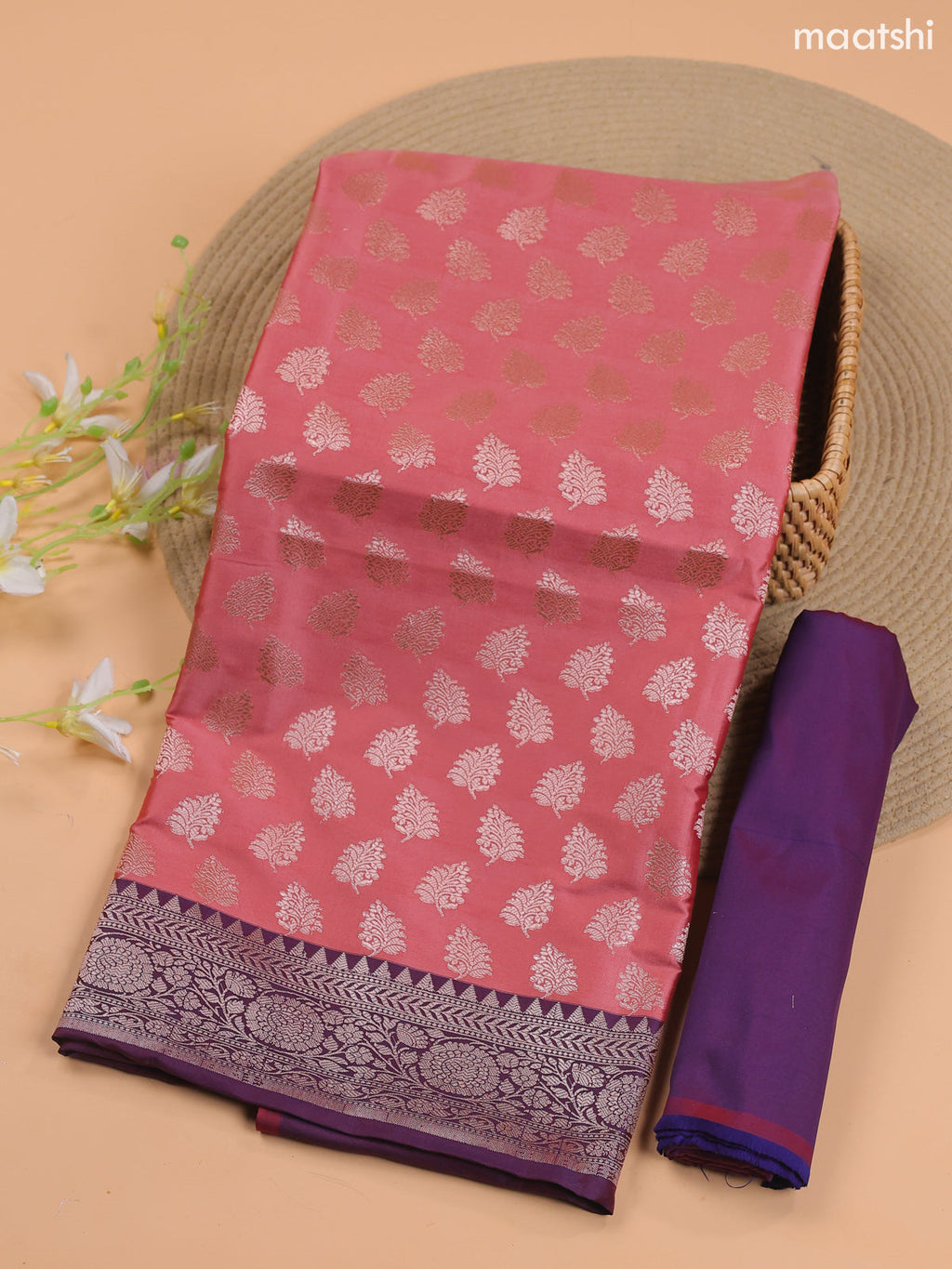 Dual Shade Of Peach and Violet Banarasi Silk Dress Material With With Allover Zari Buttas